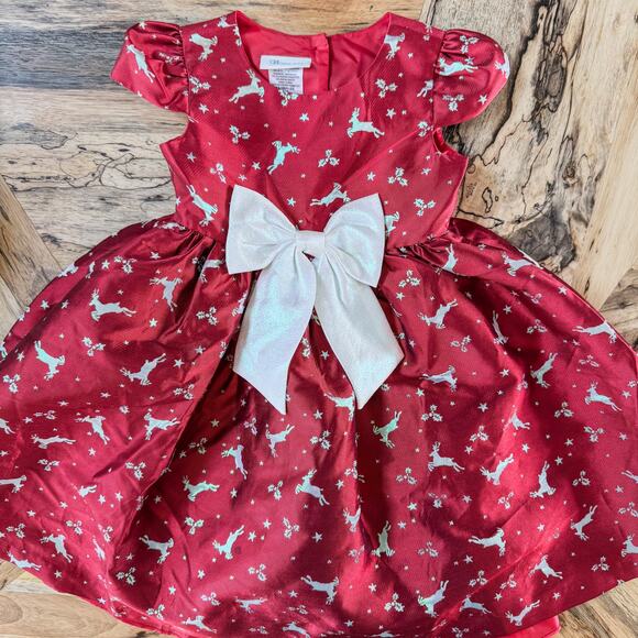 Bonnie Jean, Little Girls Size 6X Red Cap Sleeve Reindeer Jacquard Holiday Dress - Picture 3 of 8